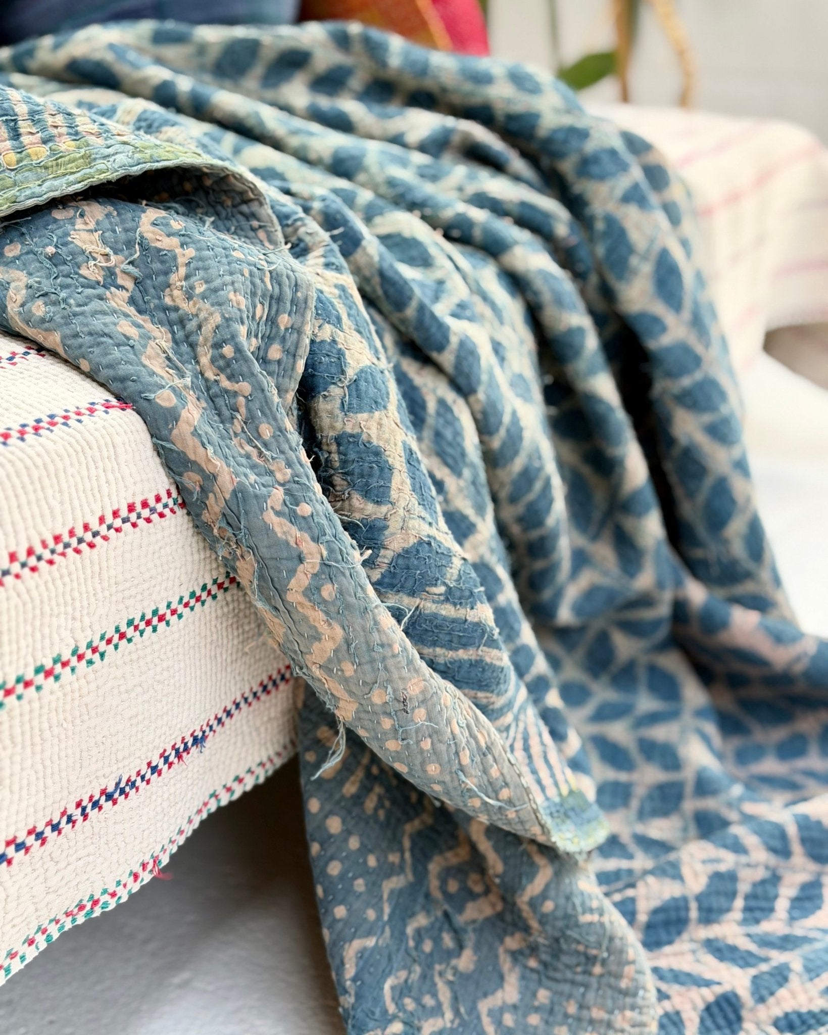 Large Heavy Indigo Print Kantha Quilt - Biggs & Hill