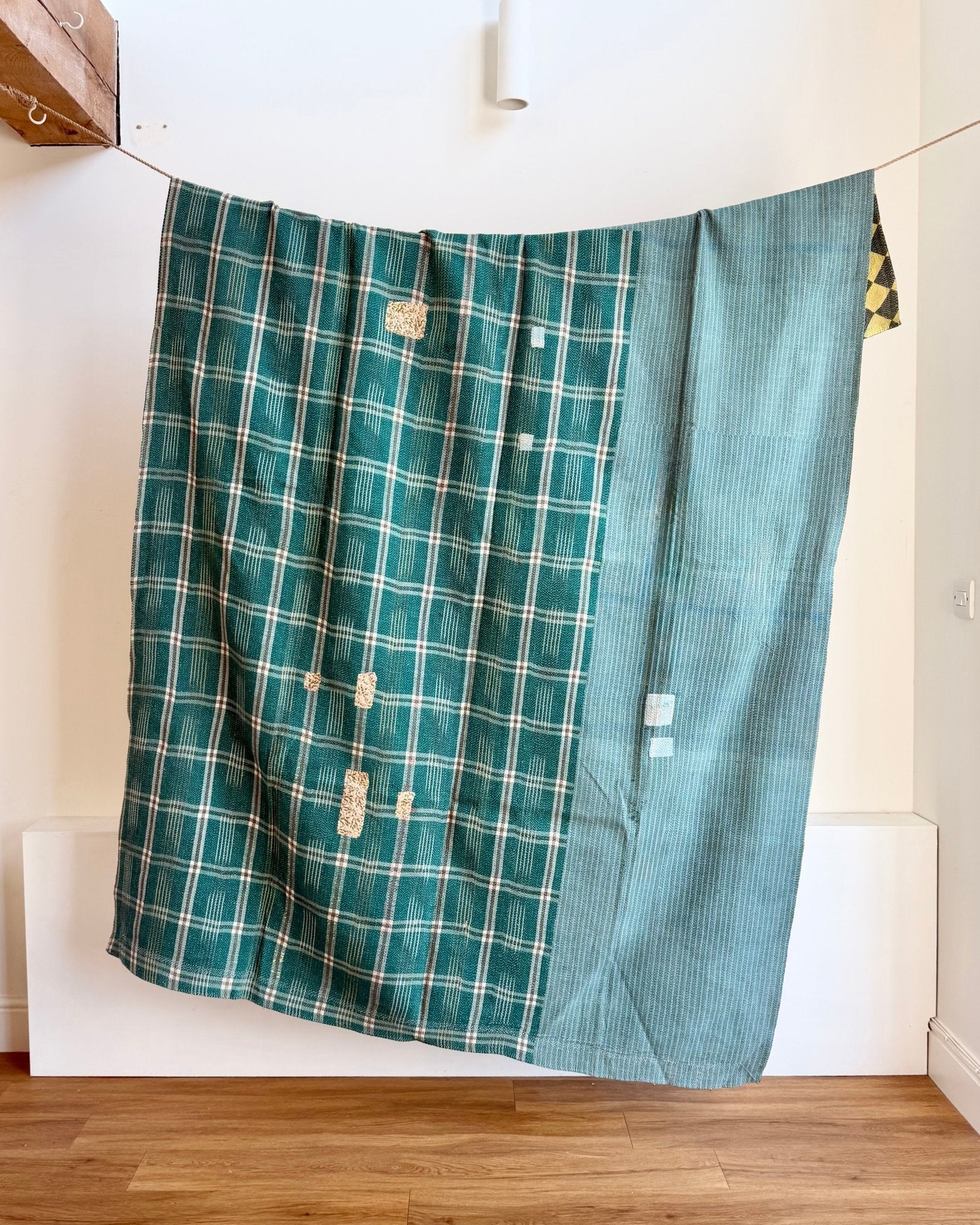 Large Fine Stitched Vintage Kantha Quilt in Diamond Pattern Yellow and Green - Biggs & Hill