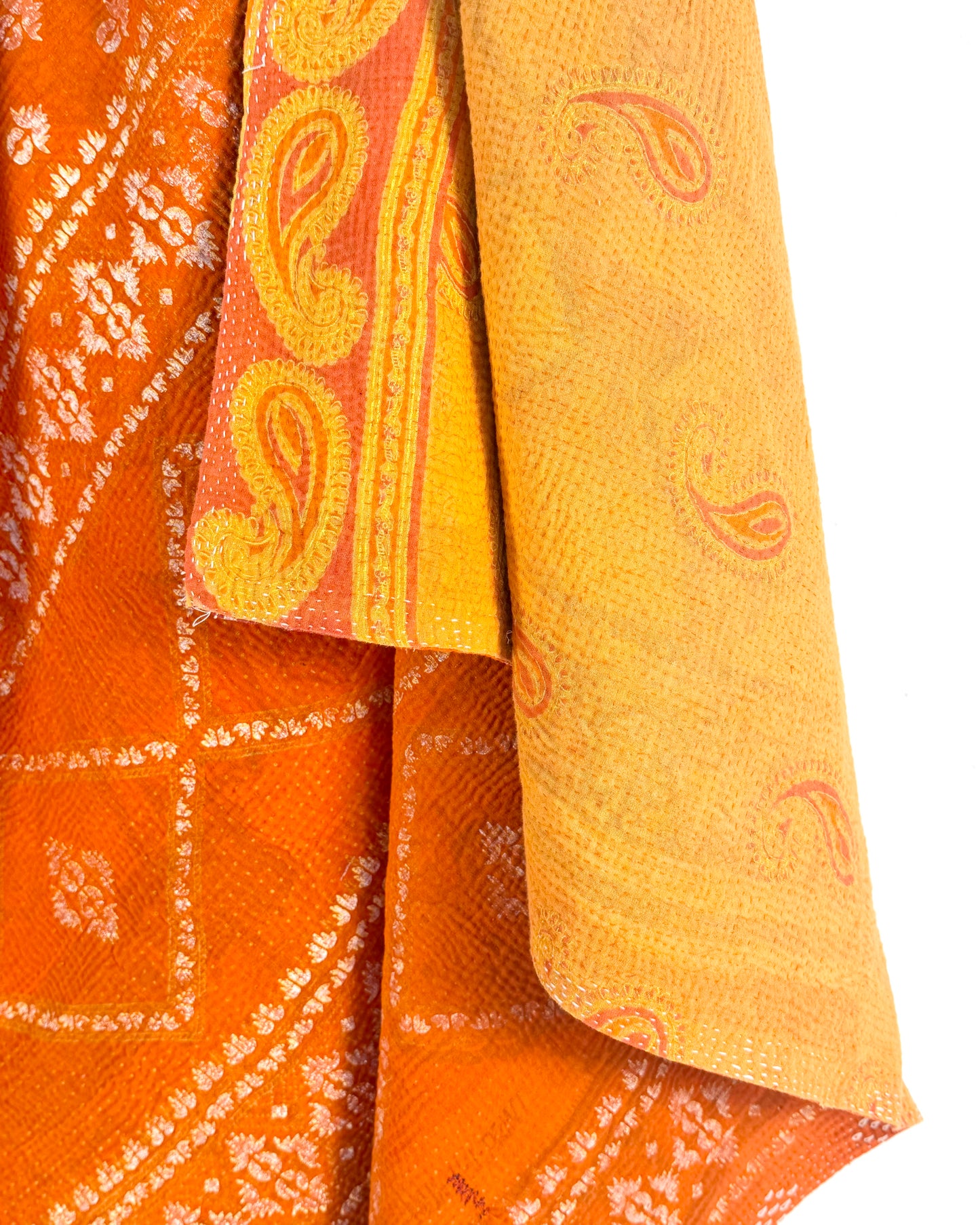 Extra Large Fine Stitched Vintage Kantha Quilt in Yellow and Orange