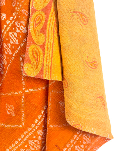 Extra Large Fine Stitched Vintage Kantha Quilt in Yellow and Orange