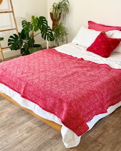 Embroidered Sujini Vintage Kantha Quilt In Red With White Embroidery