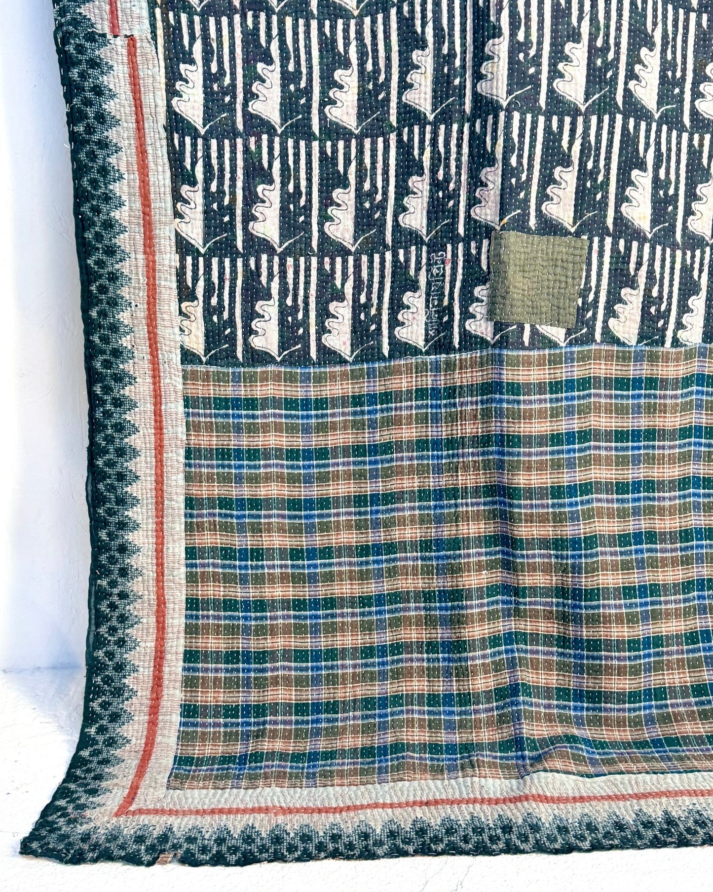 Extra Large Textured Vintage Kantha Quilt In Blue, Red and Green - Biggs & Hill