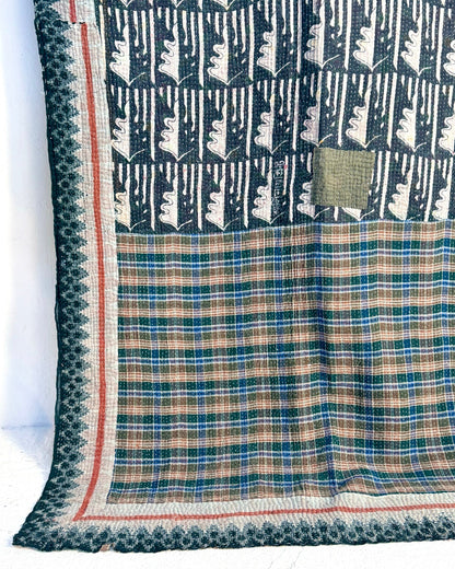 Extra Large Textured Vintage Kantha Quilt In Blue, Red and Green - Biggs & Hill