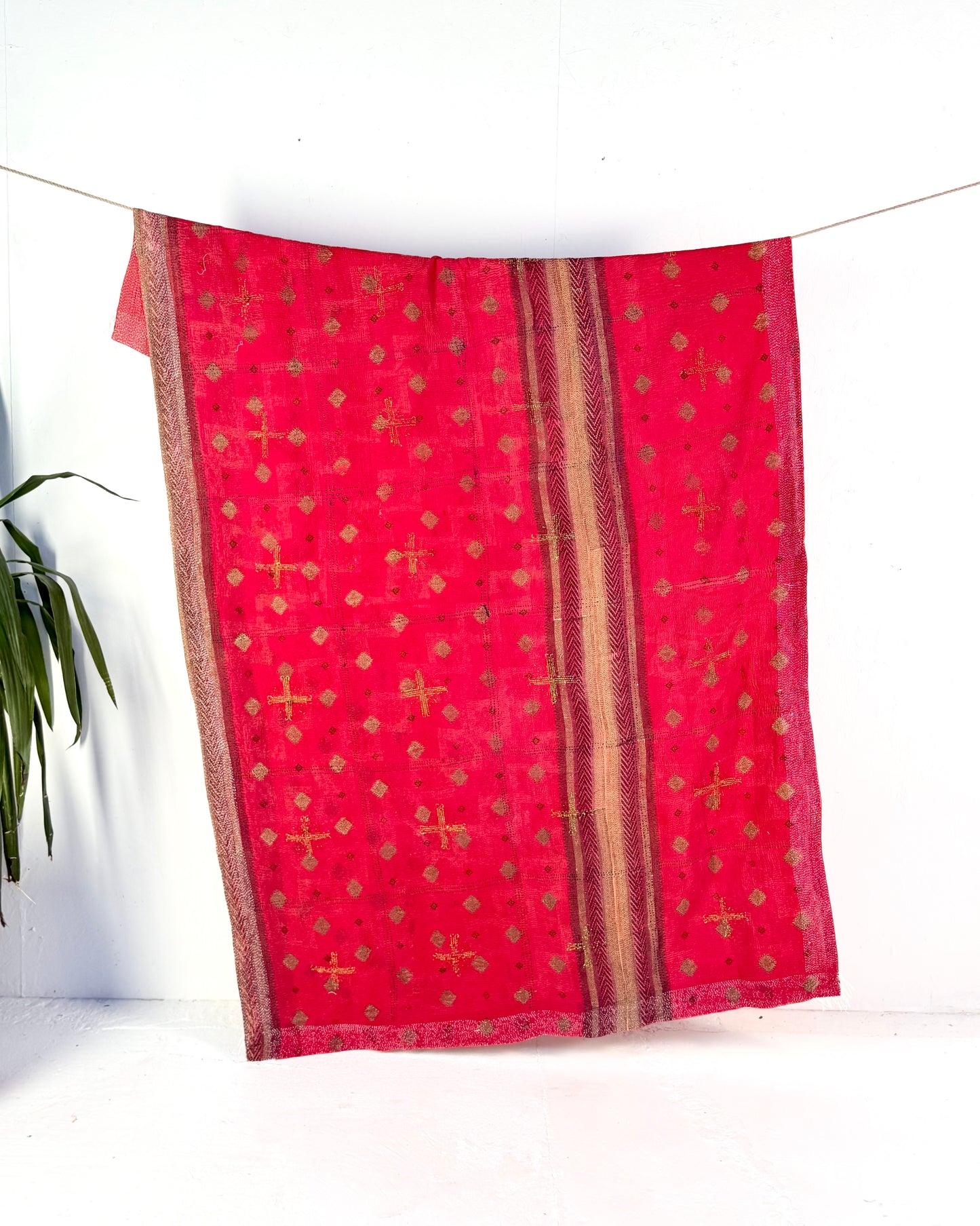 Large Embroidered Vintage Kantha Quilt in Red with Neon Embroidery