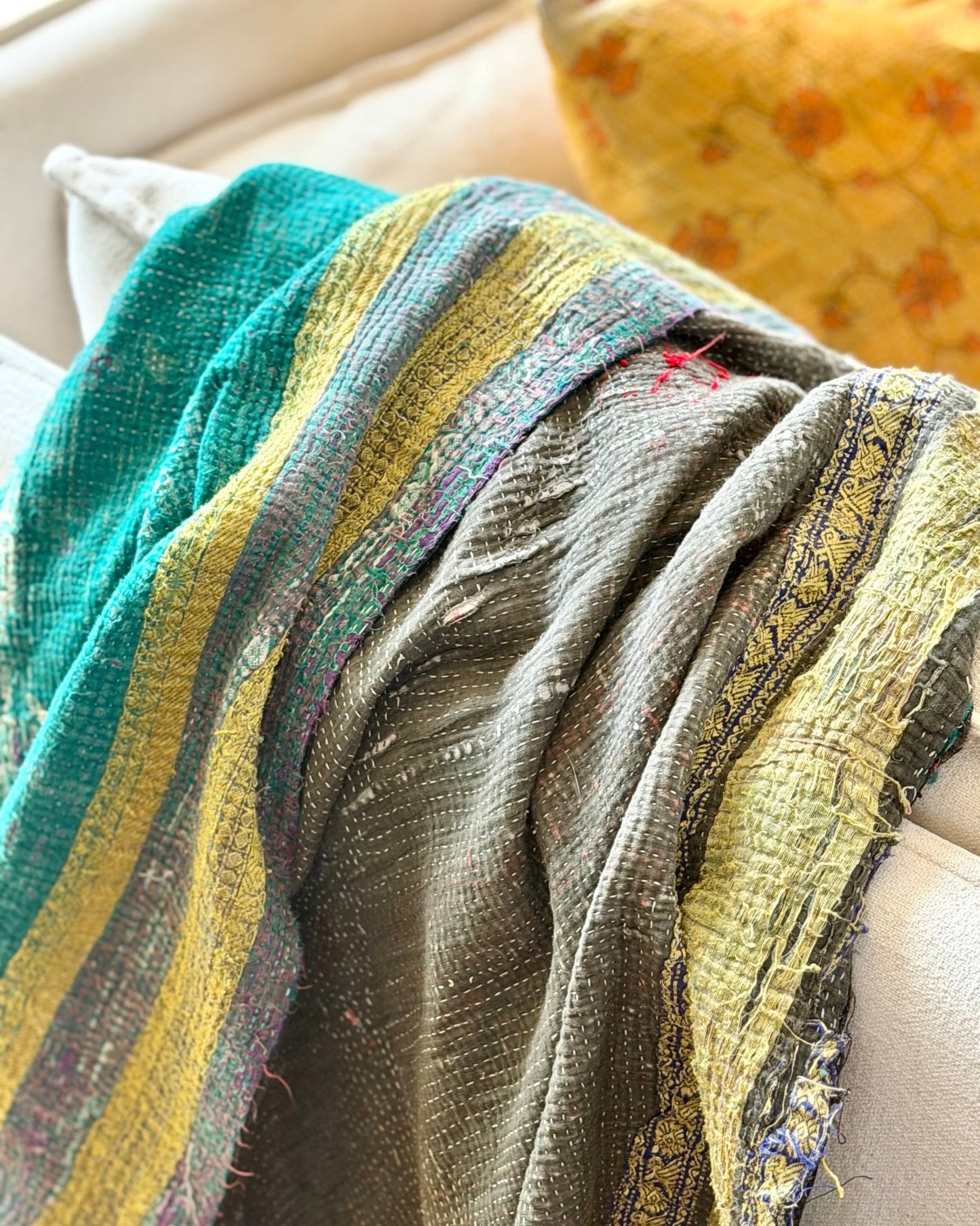 Fine Stitched Embroidered Vintage Kantha Quilt in Green and Gold - Biggs & Hill