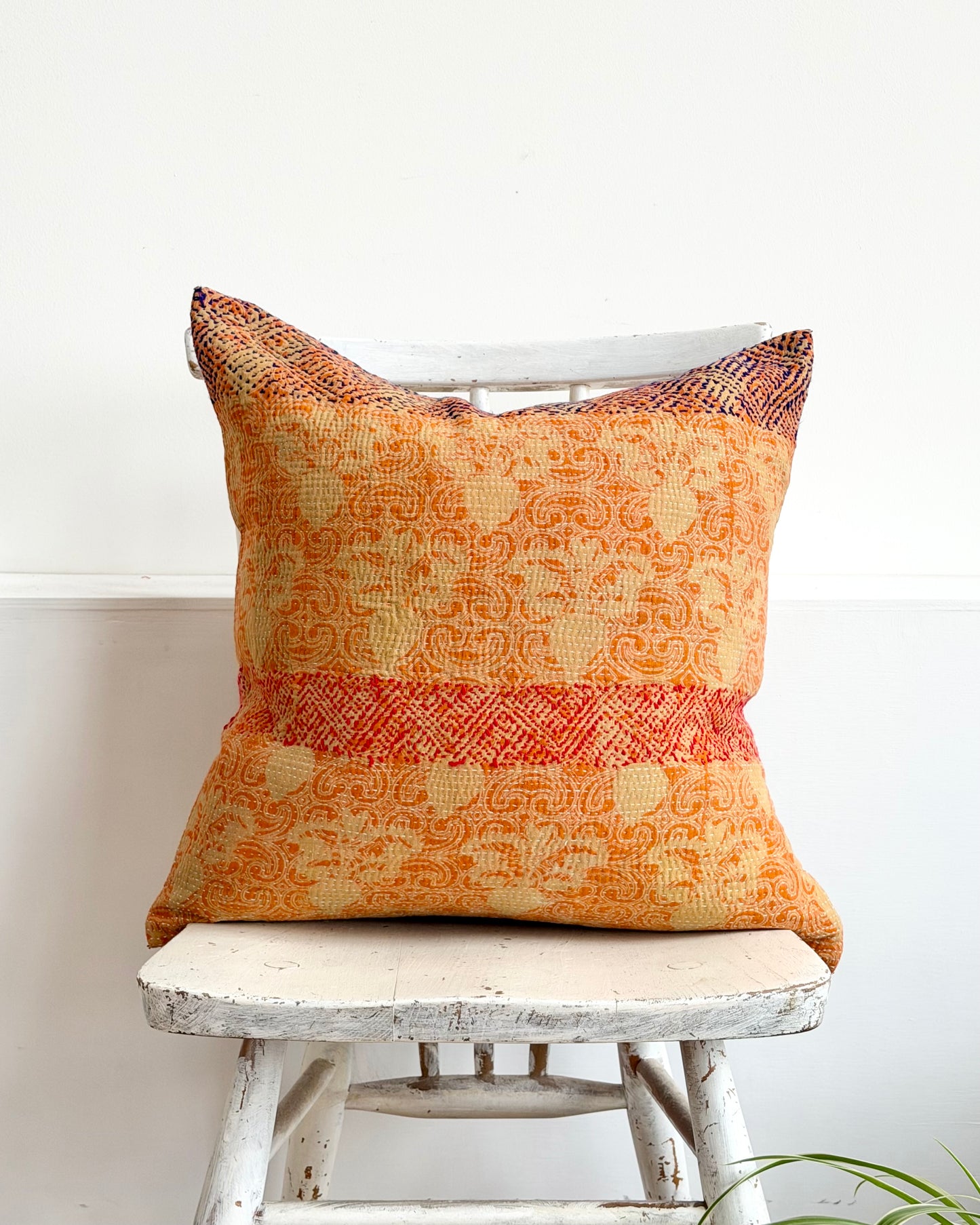 Vintage Kantha Cushion In Floral Orange - 45cm Square