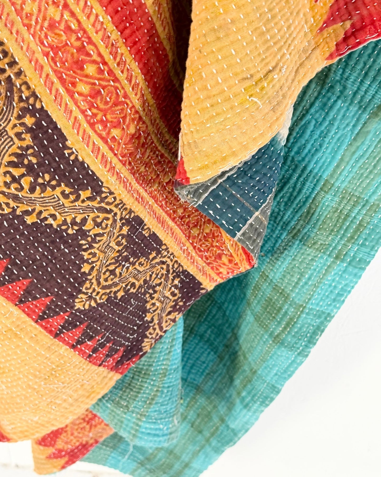 Extra Large Textured Vintage Kantha Quilt In Geometric Yellow, Black and Orange - Biggs & Hill