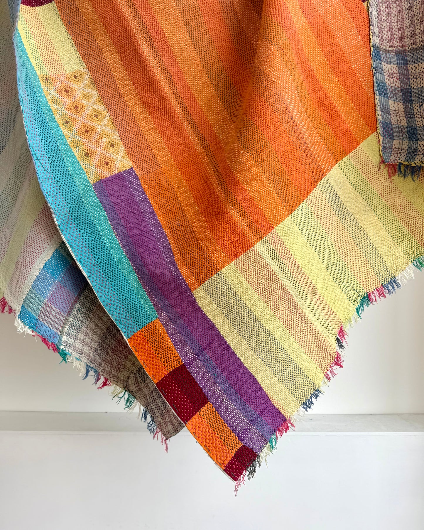Large Heavy Kantha Blanket Quilt in Pink, Orange and Blue Colour Block