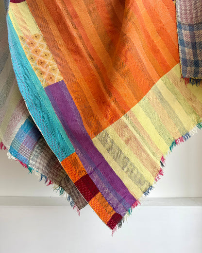 Large Heavy Kantha Blanket Quilt in Pink, Orange and Blue Colour Block