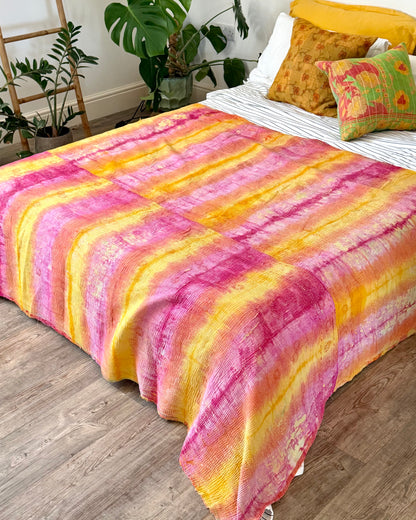 Large Fine Stitched Vintage Kantha Quilt in Pink and Yellow