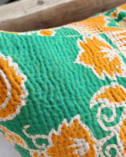Vintage Kantha Cushion In Green and Orange- 45cm Square