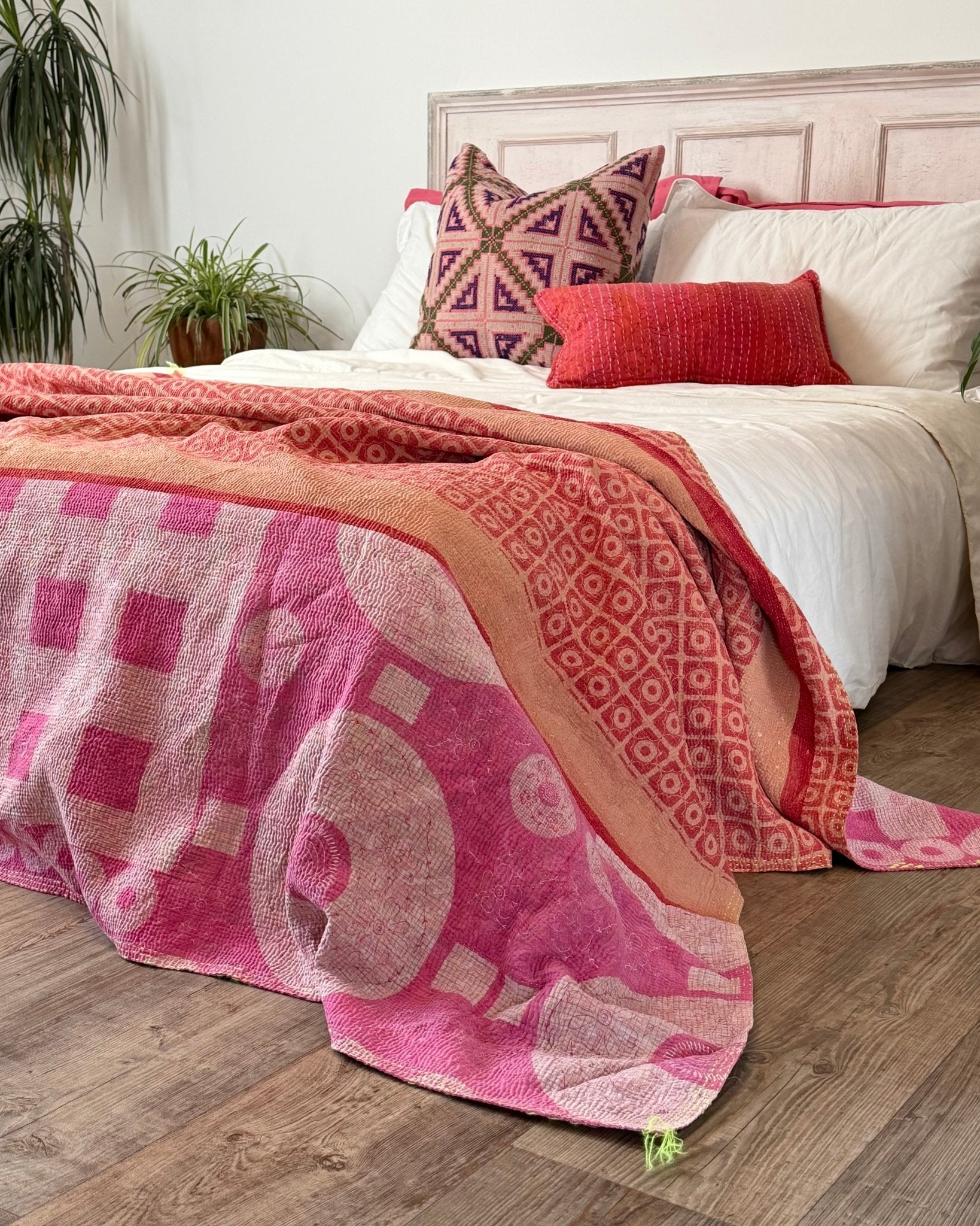 Large Fine Stitched Vintage Kantha Quilt With Pink Squares - Biggs & Hill