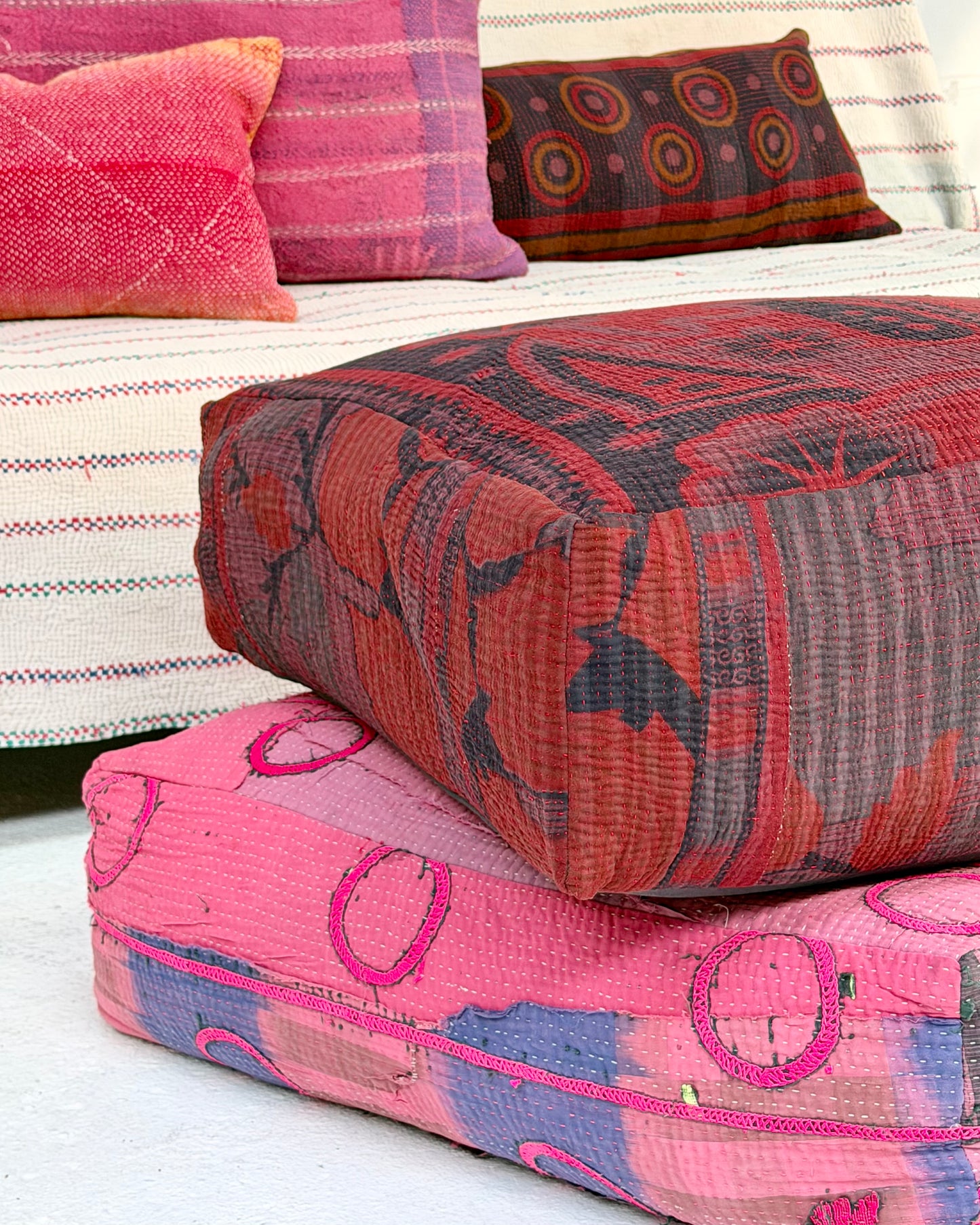 Large Square Kantha Floor Cushion Cover In Burgundy
