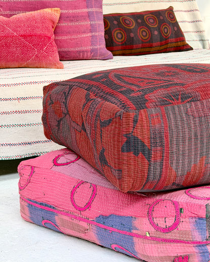 Large Square Kantha Floor Cushion Cover In Burgundy