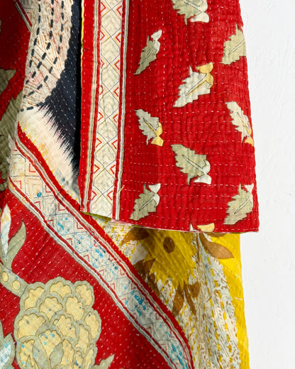Large Fine Stitched Vintage Kantha Quilt in Pink, Red and Yellow