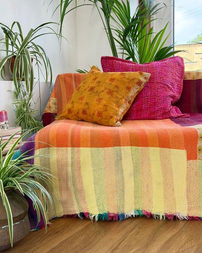 Large Heavy Kantha Blanket Quilt in Pink, Orange and Blue Colour Block