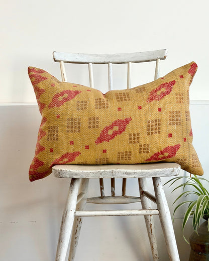 Handmade Vintage Kantha Cushion In Mustard Yellow And Red - Large Rectangular - Biggs & Hill