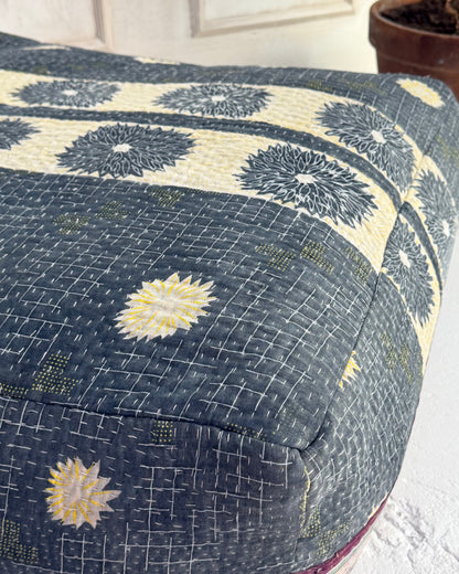 Large Square Kantha Floor Cushion Cover In Blue and Purple Stripe