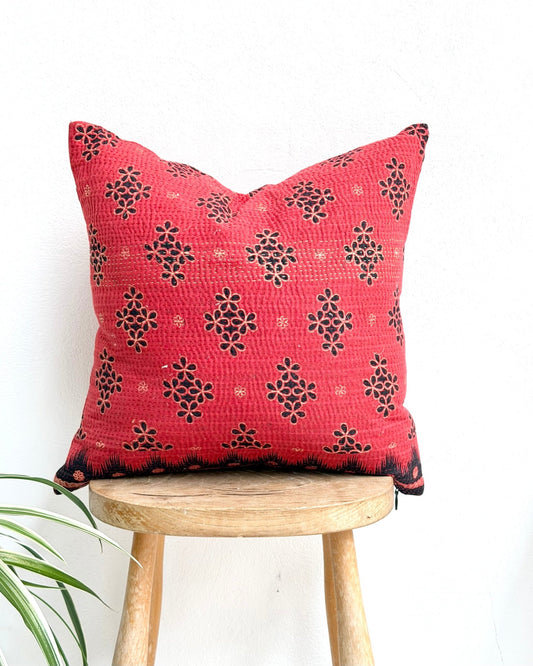 Handmade Reversible Vintage Kantha Cushion Cover In Red and Black - 45cm (18") - Biggs & Hill