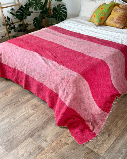 Extra Large Fine Stitched Vintage Kantha Quilt in Pink Stripes and Green