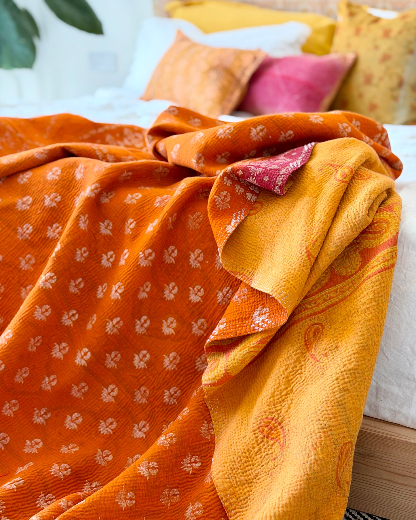 Extra Large Fine Stitched Vintage Kantha Quilt in Yellow and Orange