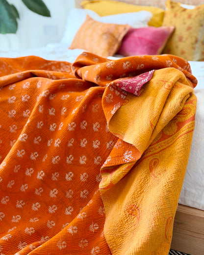 Extra Large Fine Stitched Vintage Kantha Quilt in Yellow and Orange