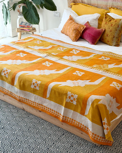 Extra Large Fine Stitched Vintage Kantha Quilt in Geometric Yellow and Orange