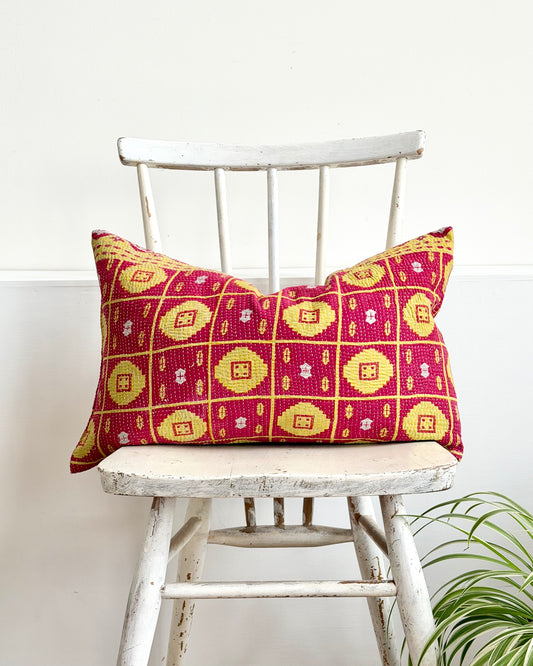 Vintage Kantha Cushion In Lime Green and Pink - Small Rectangular
