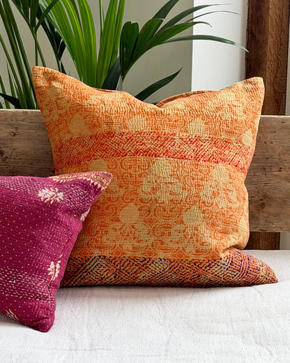 Vintage Kantha Cushion In Floral Orange- 45cm Square