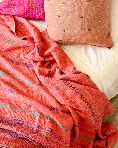 Textured and Embroidered Vintage Kantha Quilt In Deep Pink