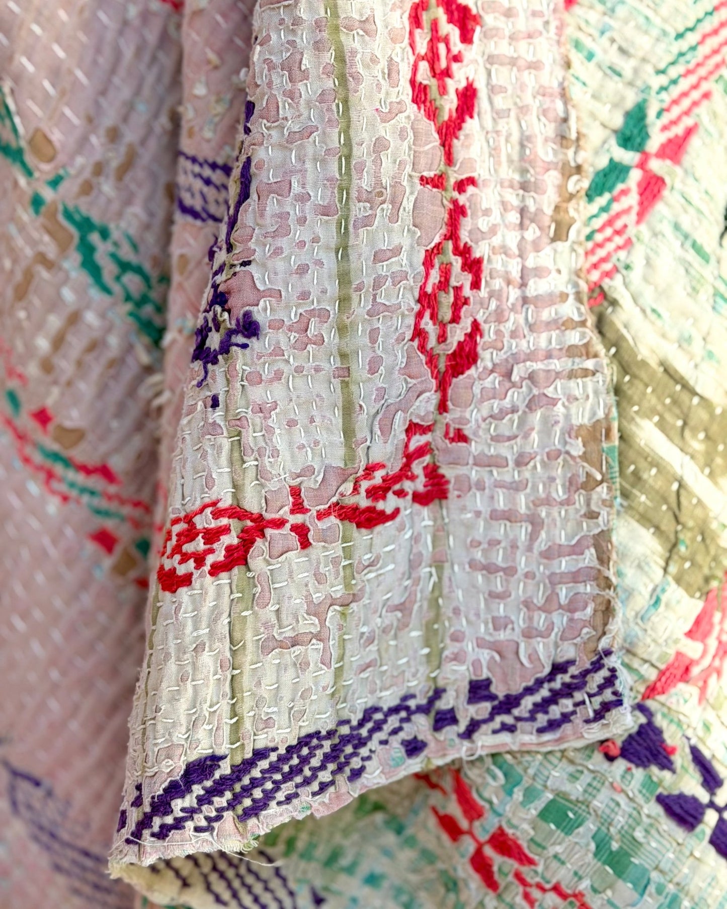 Embroidered and Textured Vintage Kantha Quilt In Green and Light Pink - Biggs & Hill
