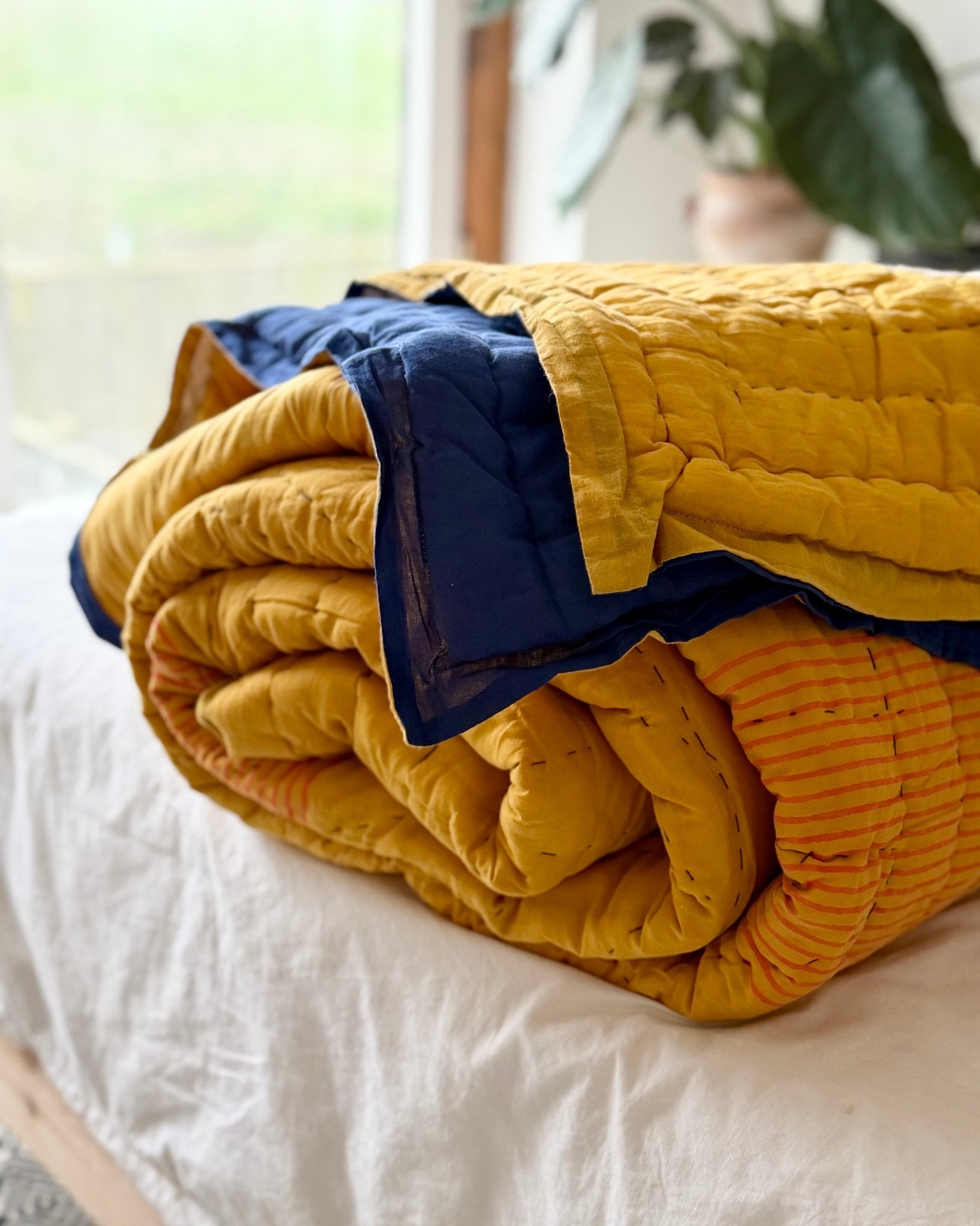 Quilted Kantha In Blue and Yellow With Geometric Patterns - SUPER KING - Biggs & Hill