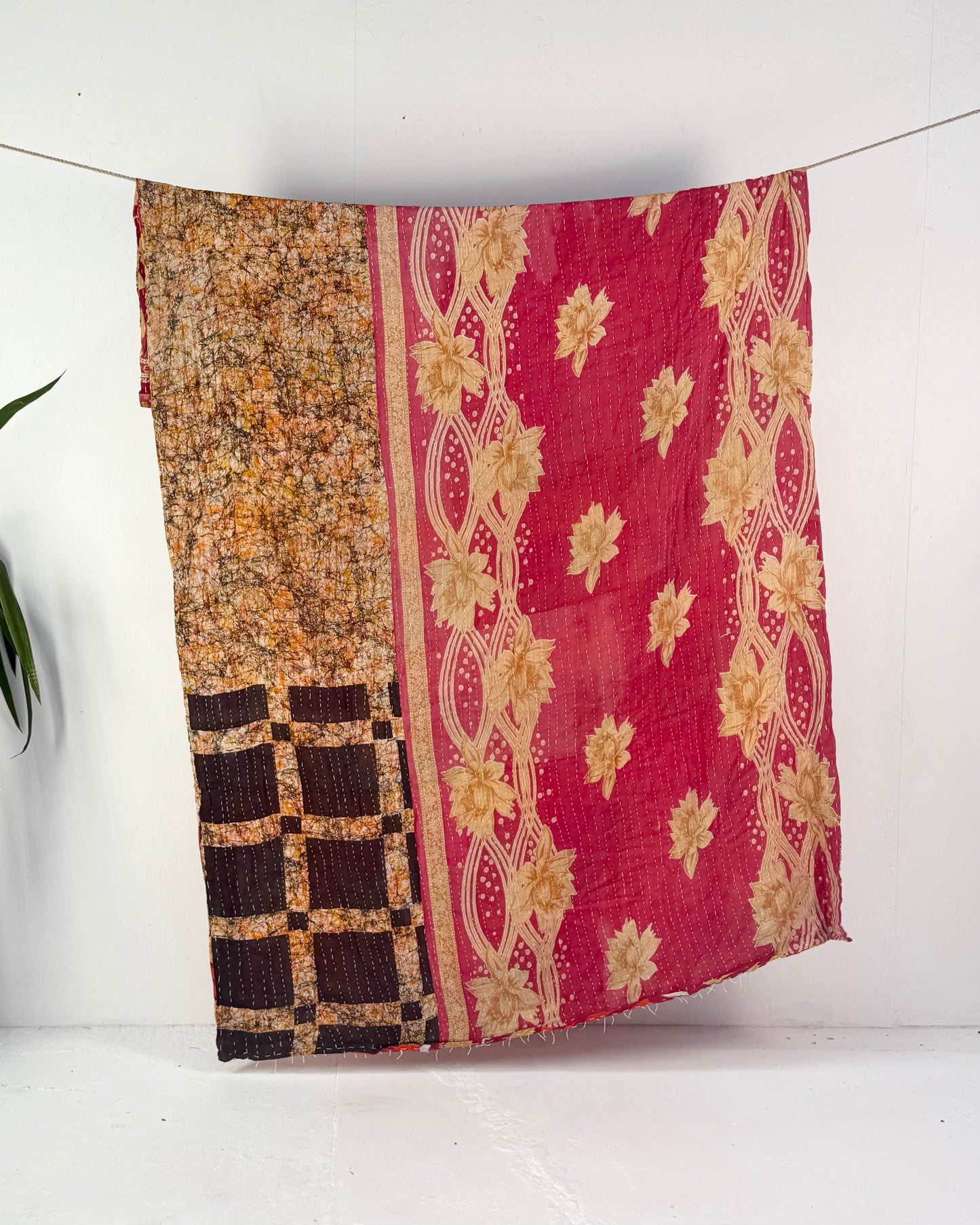 Vintage Cotton Kantha Quilt In Orange, Pink and Black #50