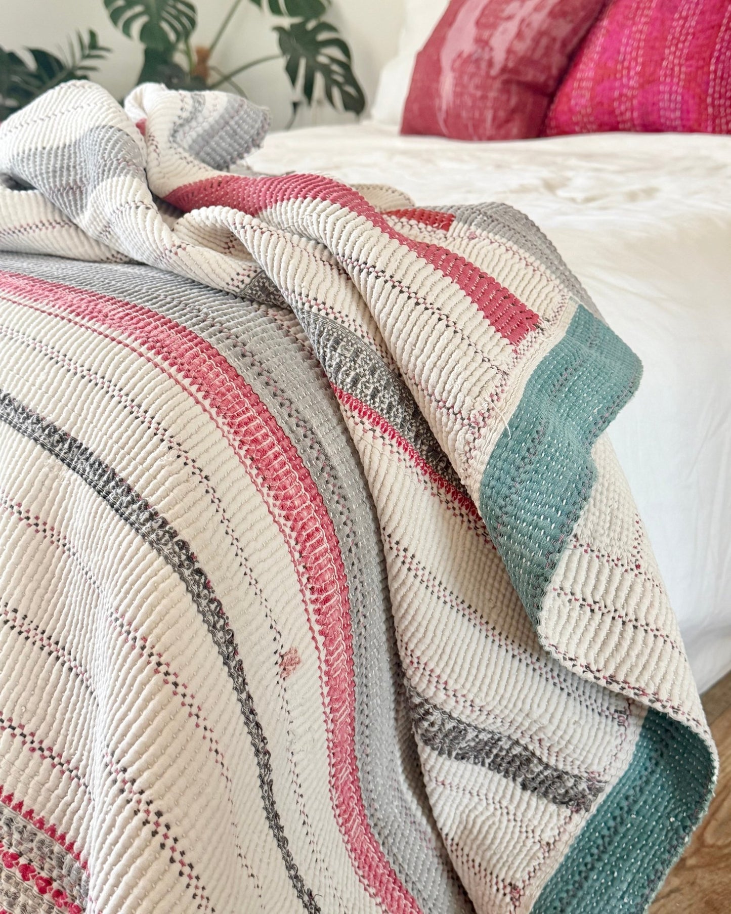 Large Heavy Fine Stitched Embroidered Vintage Kantha Quilt in White and Pink - Biggs & Hill