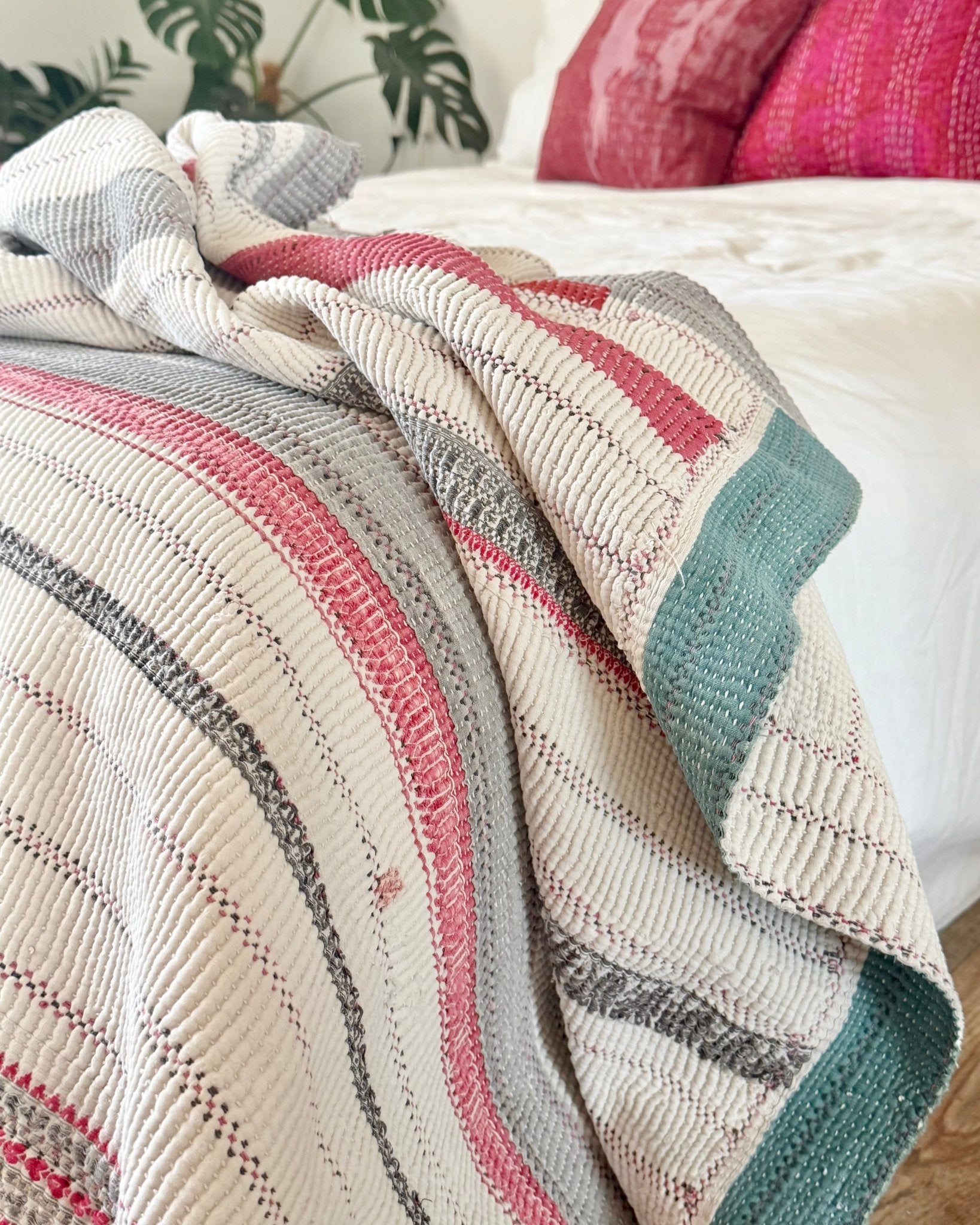 Large Heavy Fine Stitched Embroidered Vintage Kantha Quilt in White and Pink - Biggs & Hill