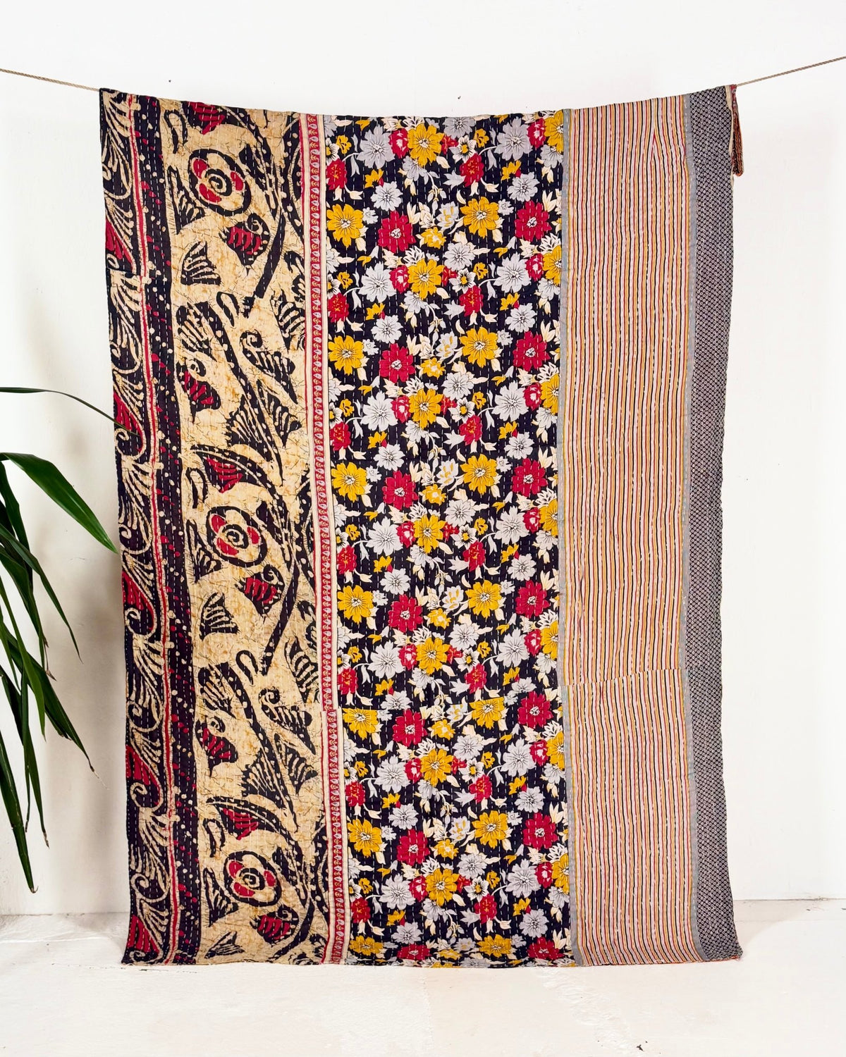 Vintage Cotton Kantha Quilt In Orange and Black Floral 14 - Biggs & Hill