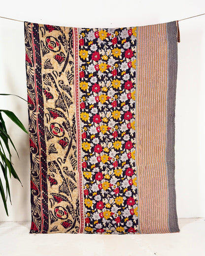Vintage Cotton Kantha Quilt In Orange and Black Floral 14 - Biggs & Hill