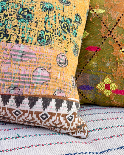 Handmade Vintage Kantha Cushion Cover In Textured Orange and Green - 50cm Square