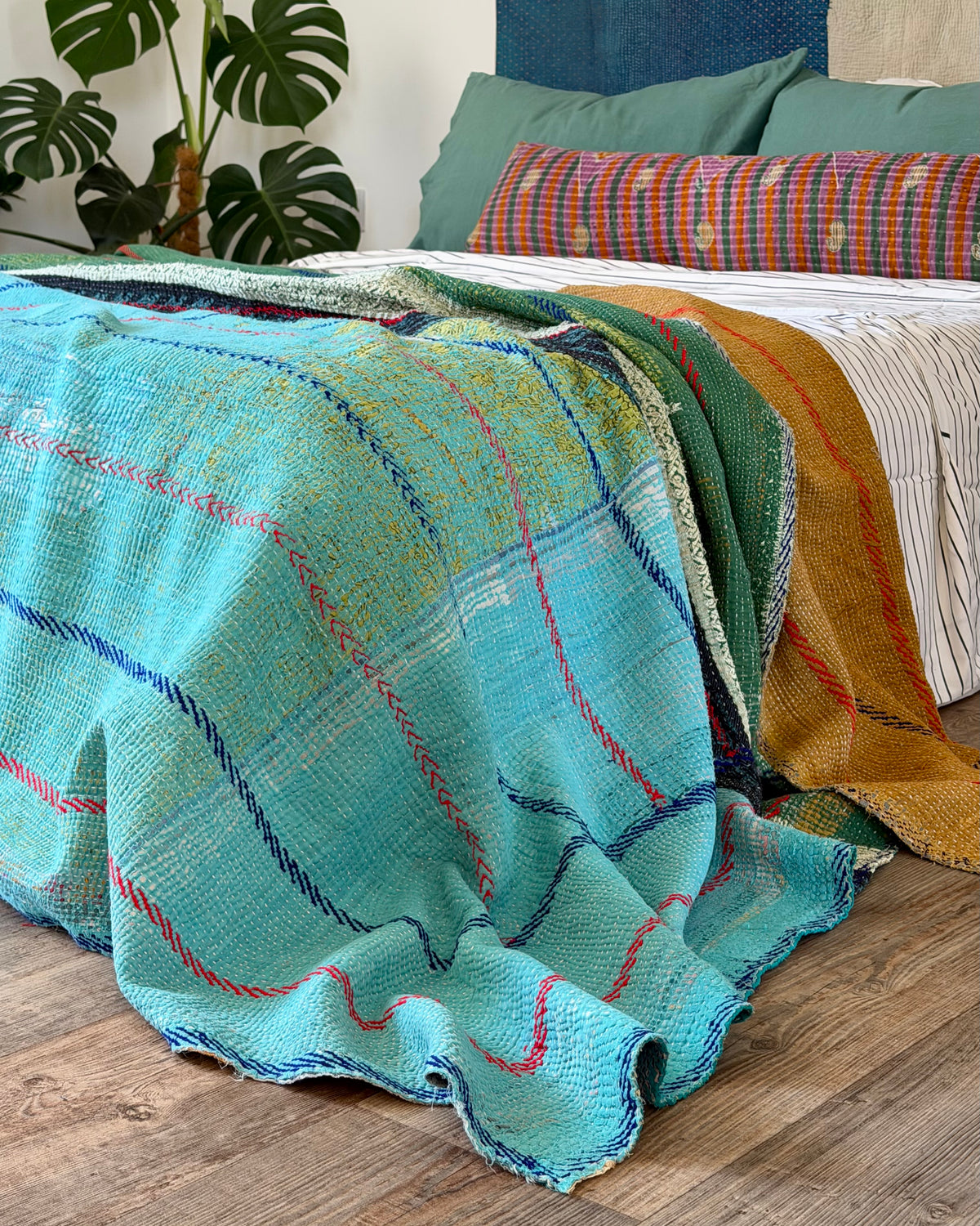 Extra Large Fine Stitched Embroidered Vintage Kantha Quilt in Green, Blue and Terracotta