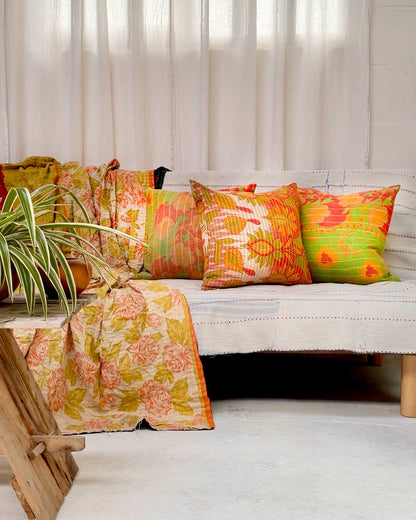 Handmade Reversible Vintage Kantha Cushion Cover In Pink and Yellow - 45cm (18") - Biggs & Hill