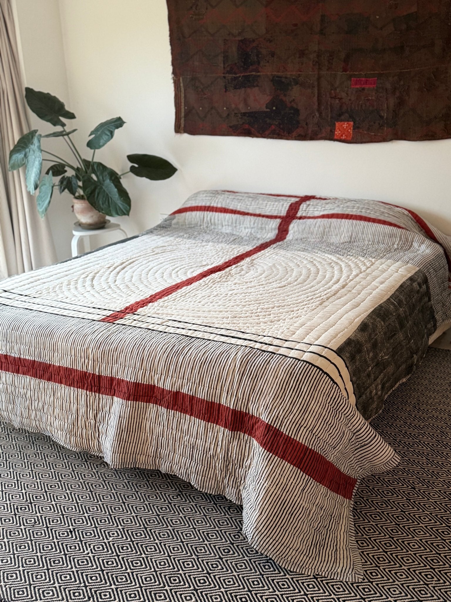 Quilted Kantha With Sun Pattern In Black, White and Red - KING - Biggs & Hill