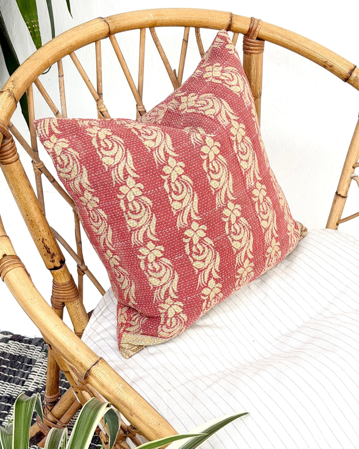 Handmade Vintage Kantha Cushion Cover In Pink and Beige - 45cm (18") - Biggs & Hill