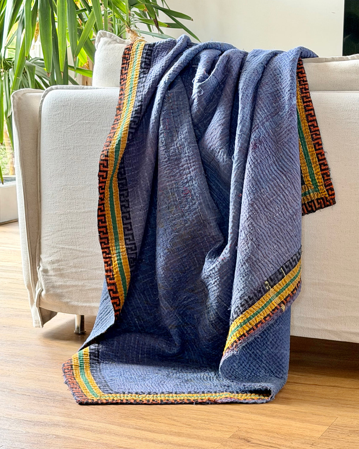 Indigo Print Kantha Quilt With Border