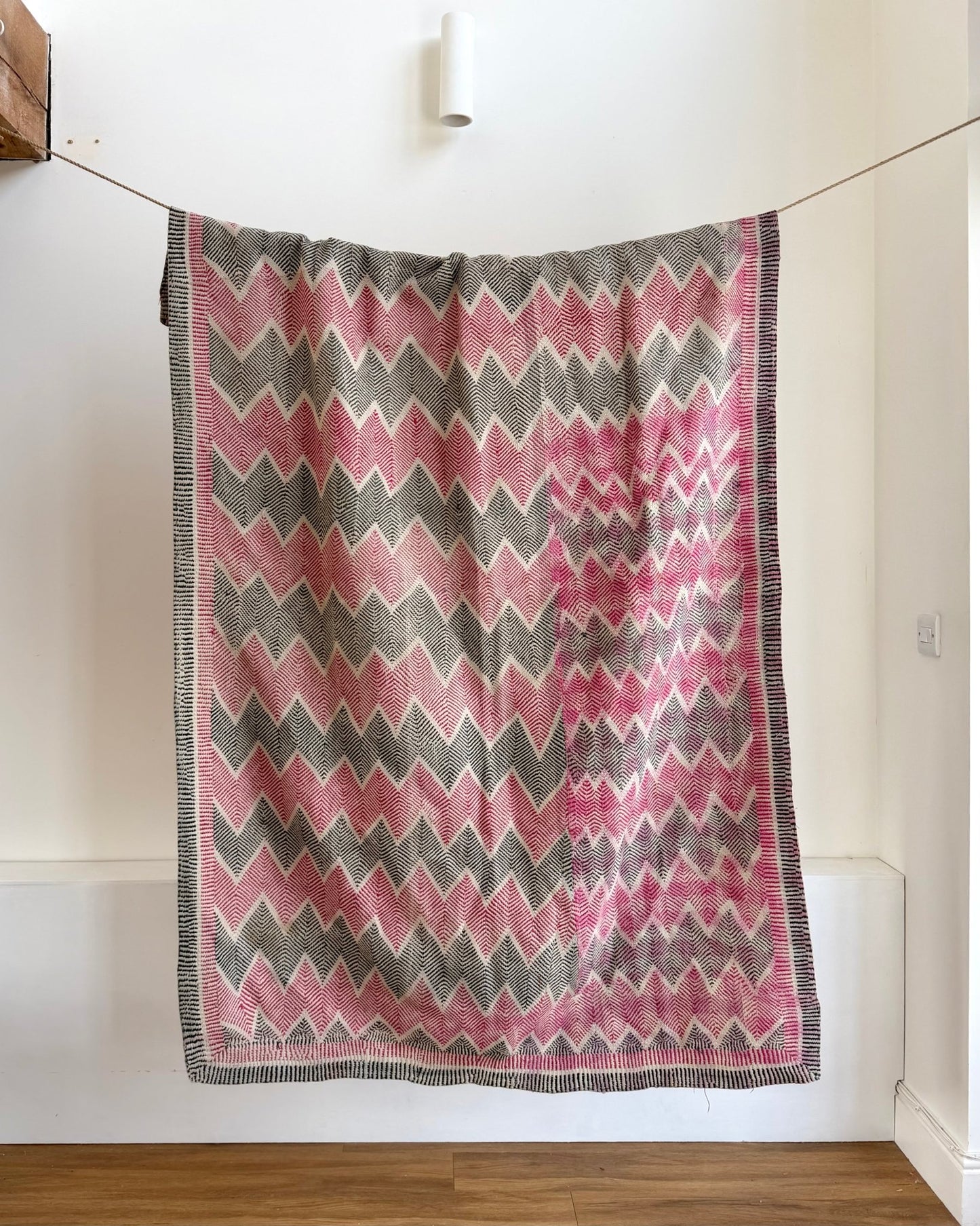 Heavy Vintage Lohori Kantha Quilt in Deep Pink and Black Zig Zags - Biggs & Hill
