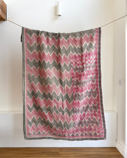 Heavy Vintage Lohori Kantha Quilt in Deep Pink and Black Zig Zags - Biggs & Hill