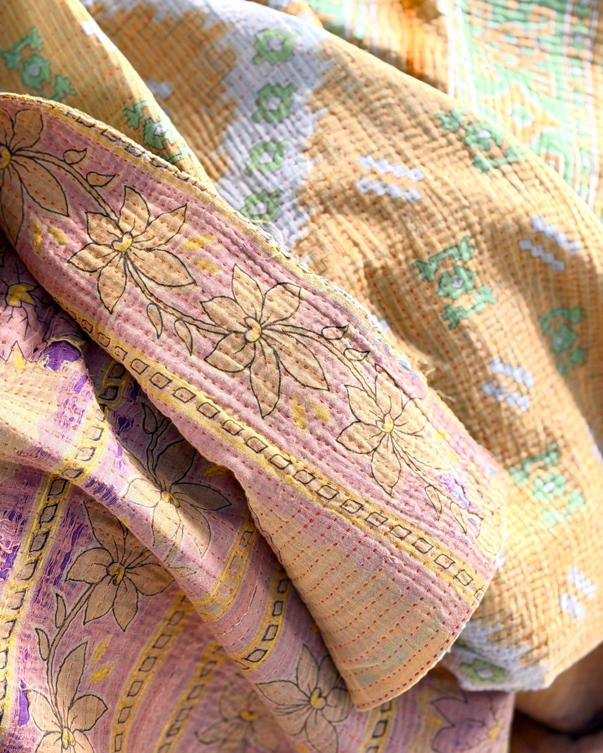 Extra Large Fine Stitched Vintage Kantha Quilt in Geometric Yellow and Green - Biggs & Hill