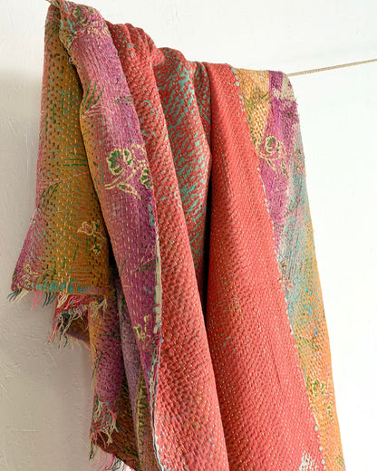 Textured Vintage Kantha Quilt in Pink and Yellow Stripes - Biggs & Hill