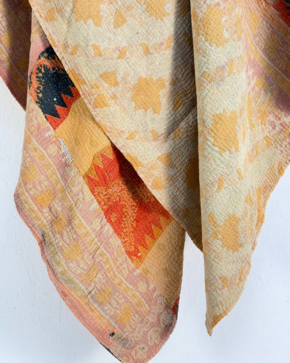 Fine Stitched Vintage Kantha Quilt in Beige and Orange Zig Zags - Biggs & Hill