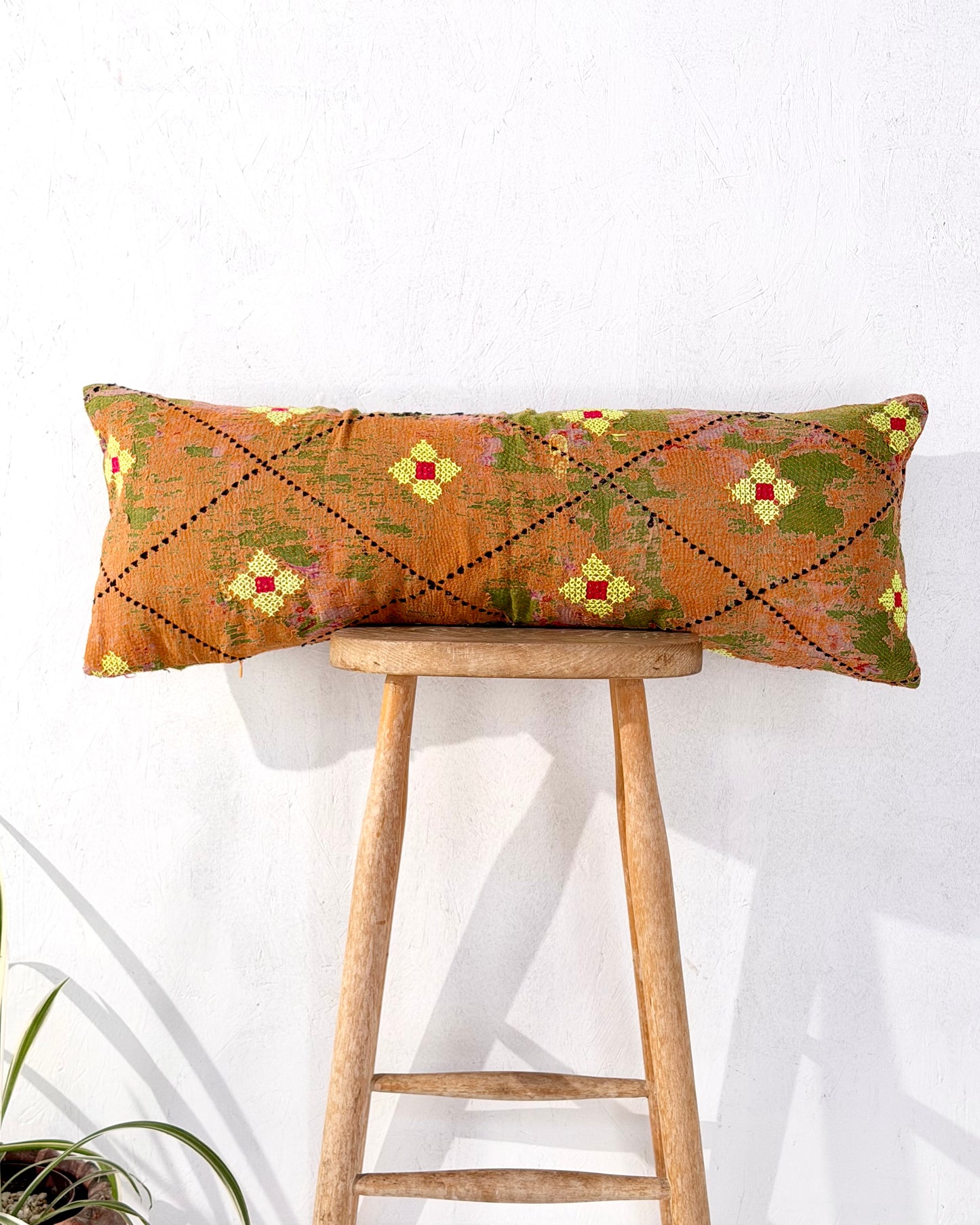 Vintage Kantha Bolster Cushion Cover In Textured Green and Orange 80cm
