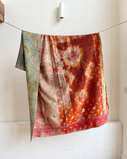Vintage Kantha Quilt in Pink, Orange and Blue